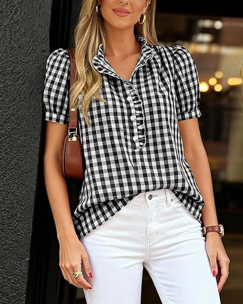 Plaid Puff Short-Sleeved Blouse