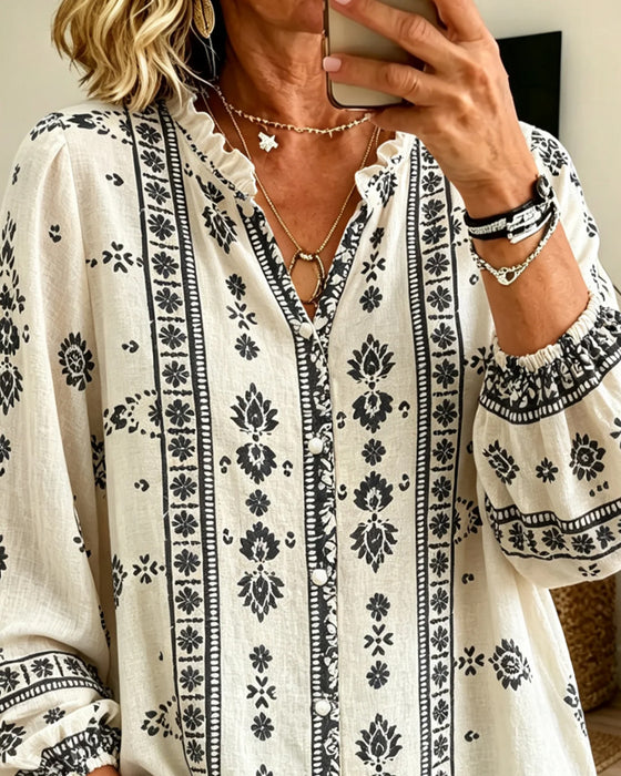 V-Neck Lace-Trim Puff-Sleeve Print Blouse