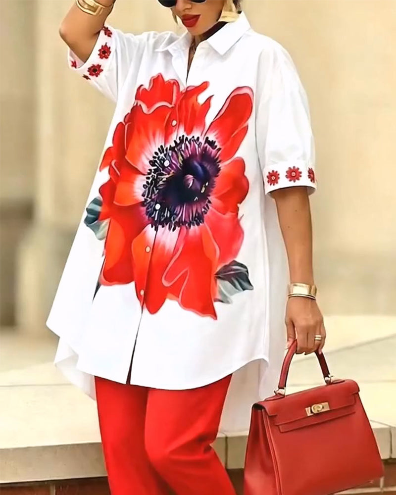 Large Flower Print Puff Sleeve Shirt