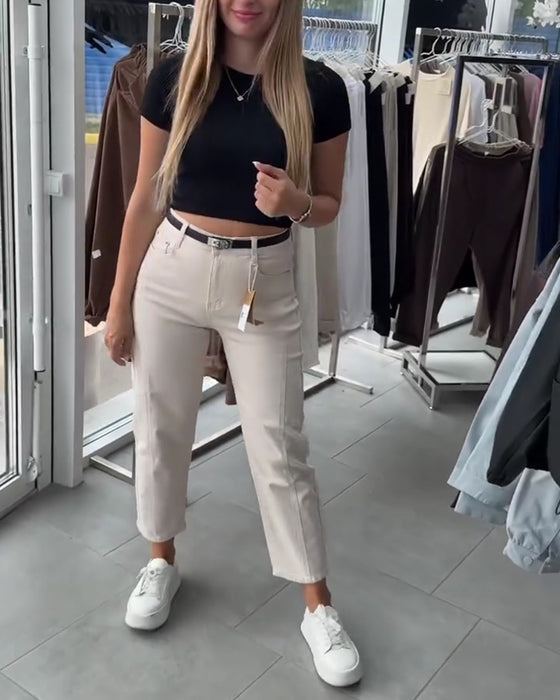 High-Waisted Casual Straight-Leg Pants