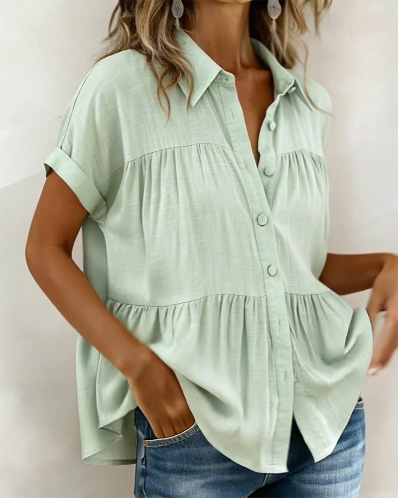 Cuffed Pleated Short Sleeve Shirt