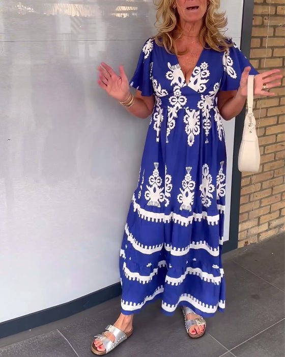 Vintage print v-neck elegant long dress