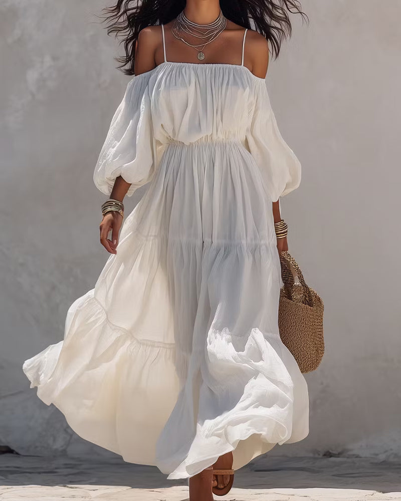 Off-Shoulder Thin Strap Lantern Sleeve Dress