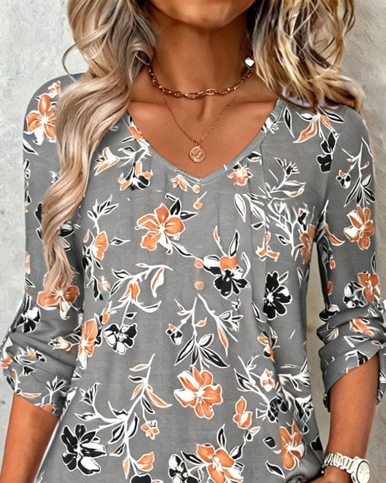 V-neck leaf print top