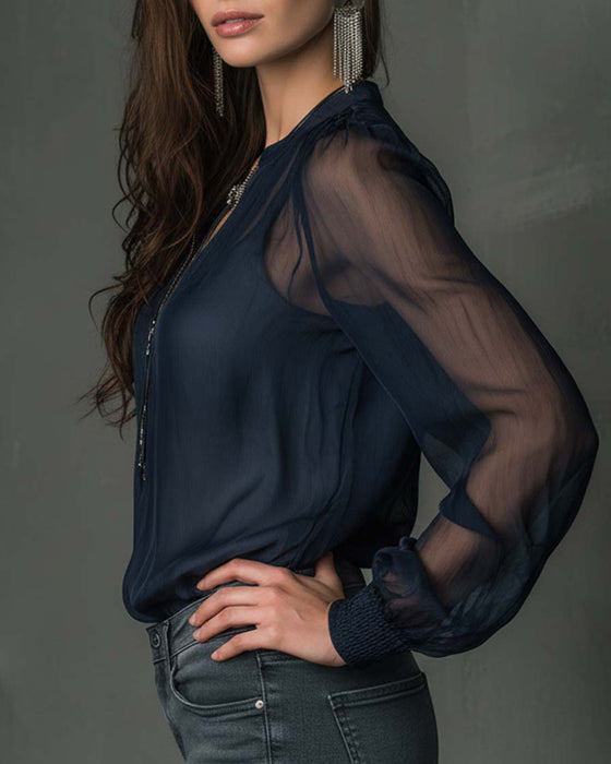 Half-Zip Mesh Long-Sleeve Blouse