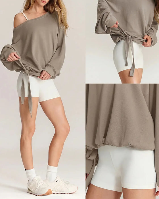 One-Shoulder Drawstring Loose Sweatshirt