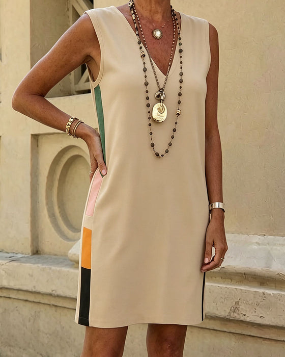 V-Neck Sleeveless Color-Block Dress