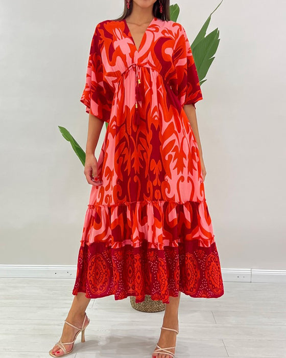 V-Neck Floral Print A-Line Dress