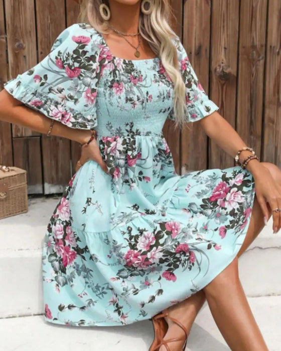 Square Neck Floral Waist A-Line Dress