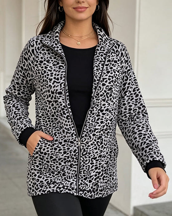 Leopard Stand Collar Zipper Coat