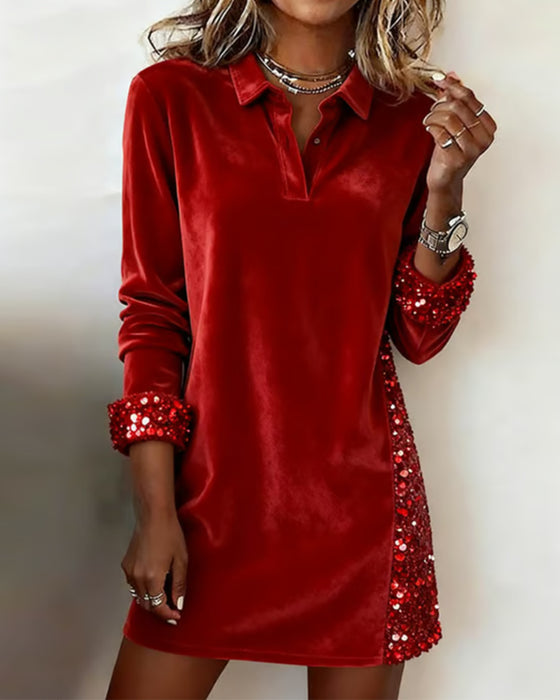 Lapel Velvet Sequin Shift Dress