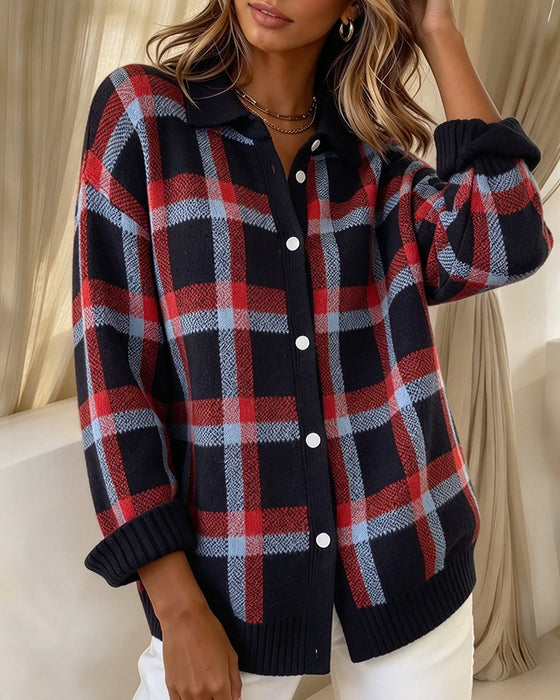 Lapel Buttoned Plaid Loose Cardigan