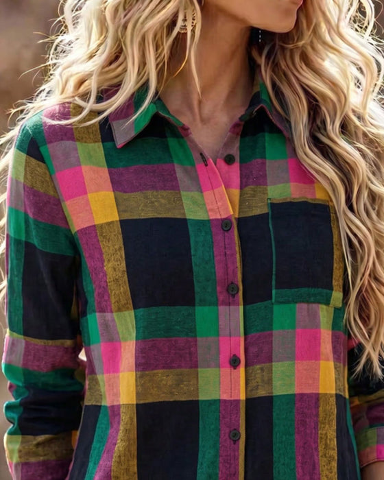 Collared Pocket Plaid Shirt Blouse