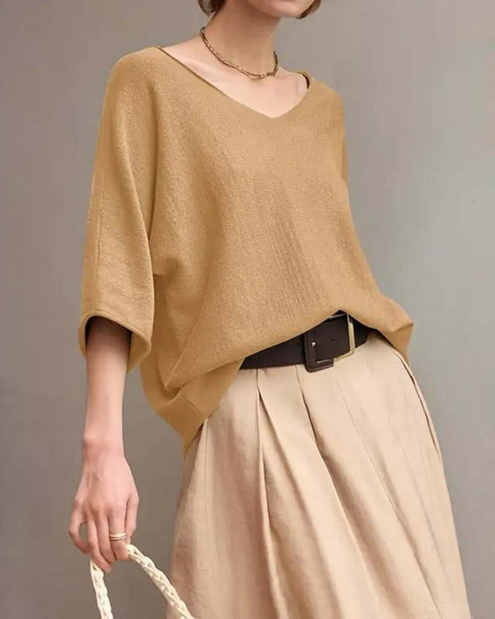 V-Neck Batwing Sleeve Solid T-Shirt