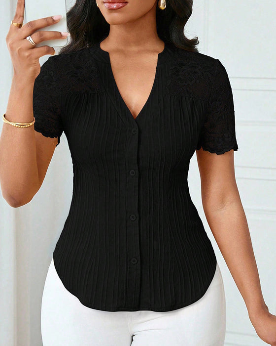 Single-Breasted Solid Color Hollow-Out Blouse