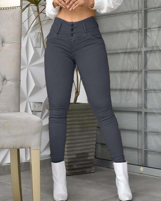 High Waist Pocket Button Skinny Pants