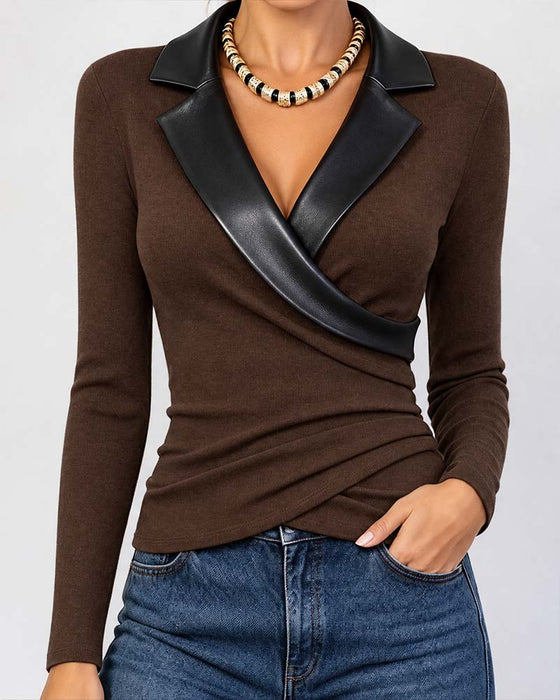 PU Lapel Cross Long Sleeve Top