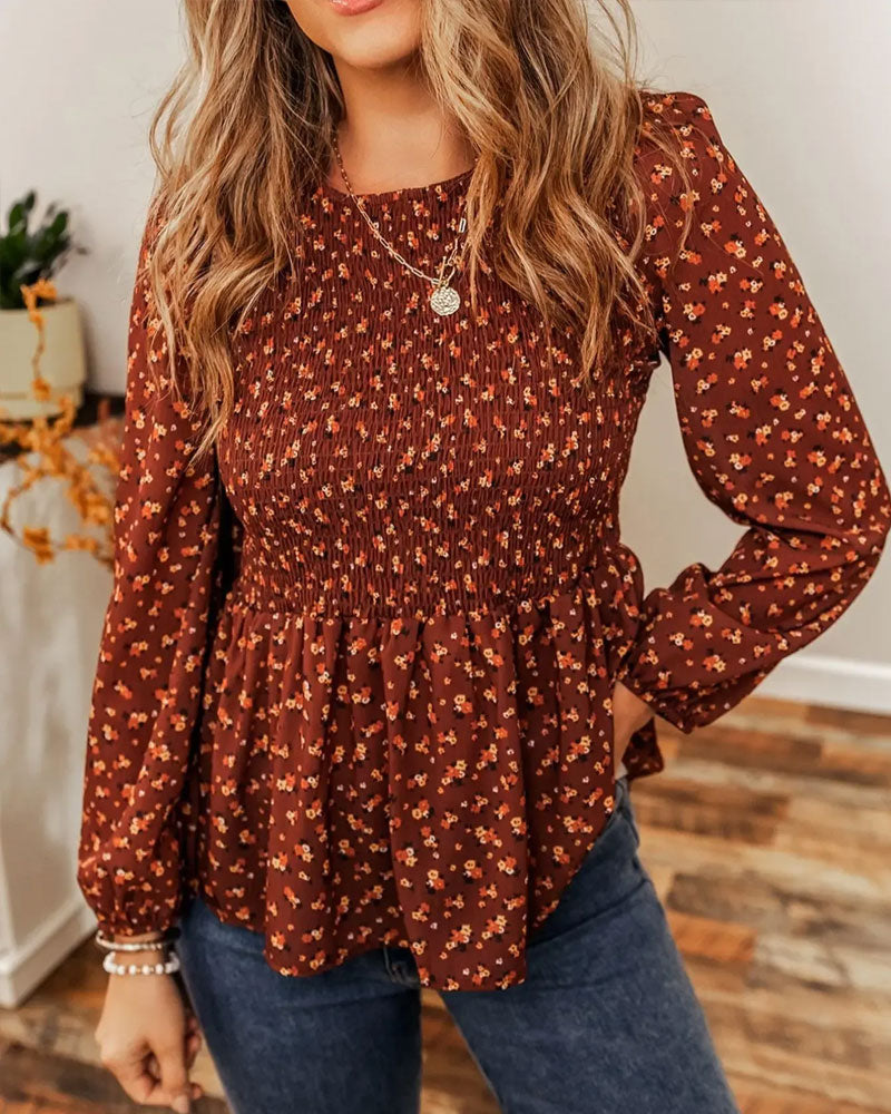 Floral Shirred Long Sleeve Blouse