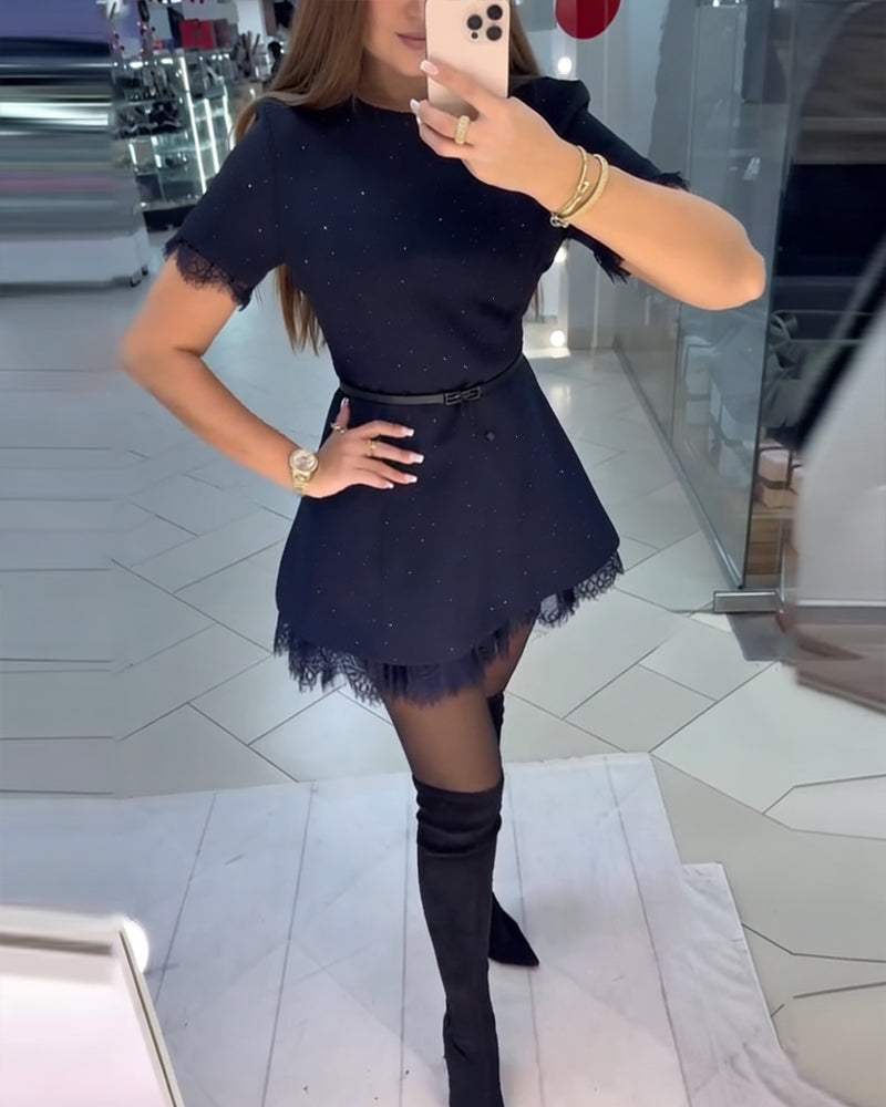 Sparkling Lace Short-Sleeve A-Line Dress