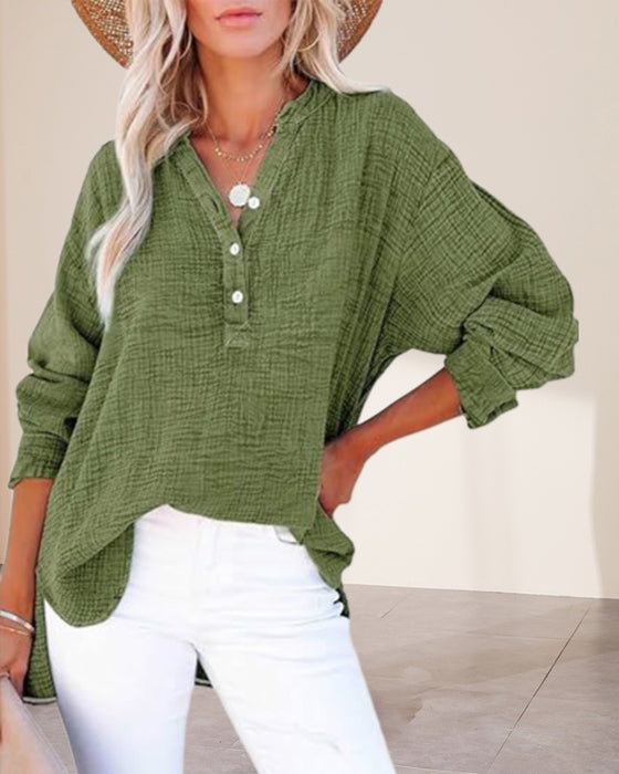 Pleated Button Long Sleeve Blouse