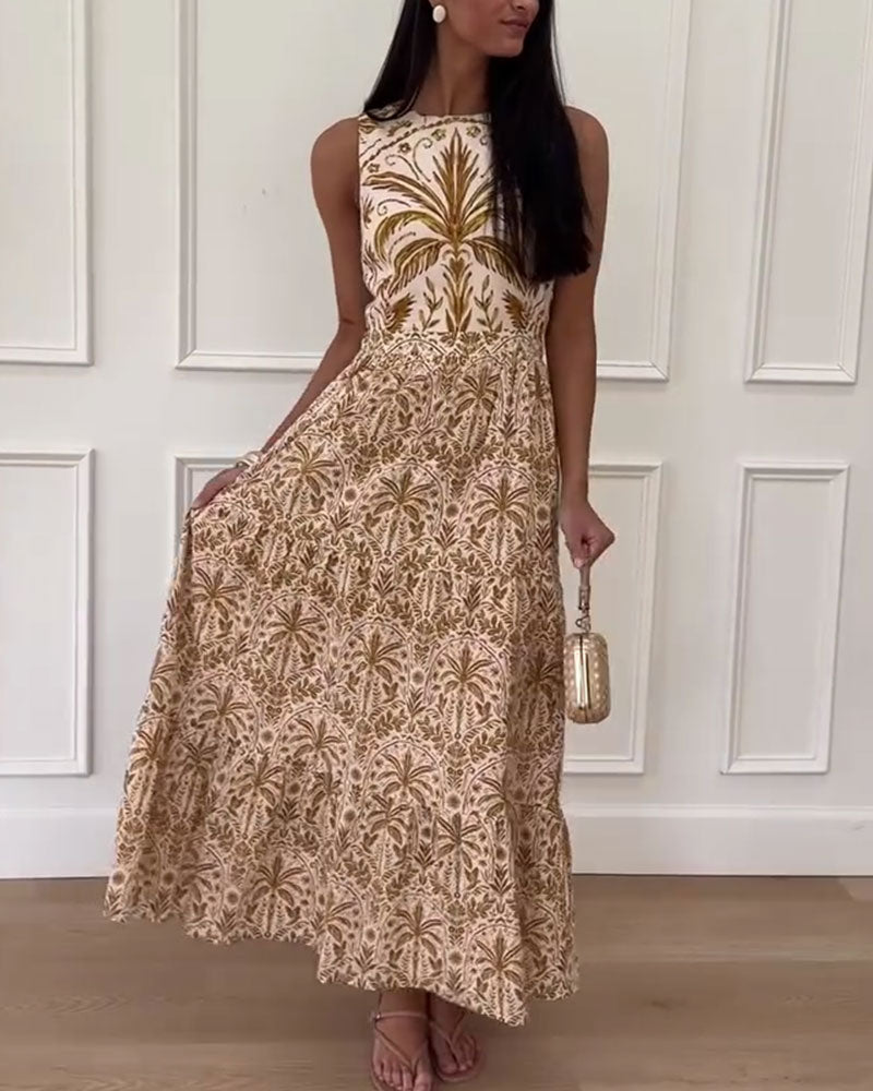 Retro Printed Sleeveless Long Dress