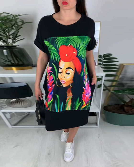 Portrait Printed Round Neck Dress