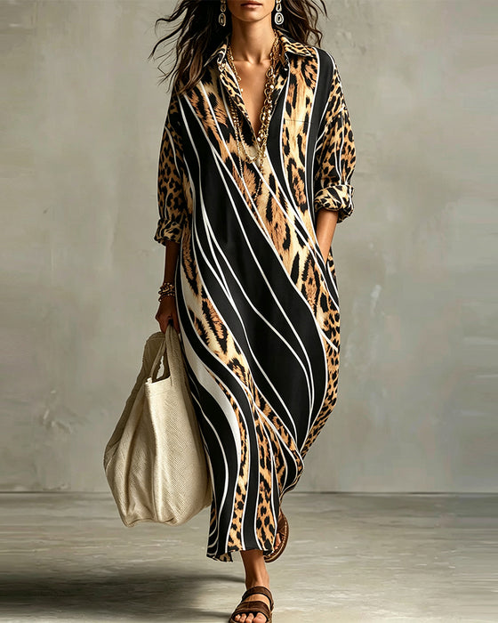 Leopard Diagonal Stripe Lapel Dress