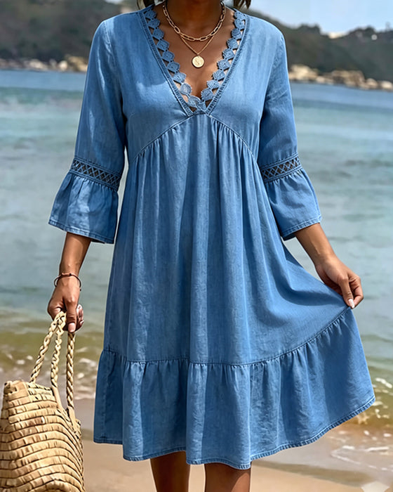 V-Neck Flared Sleeve Shirred Dress