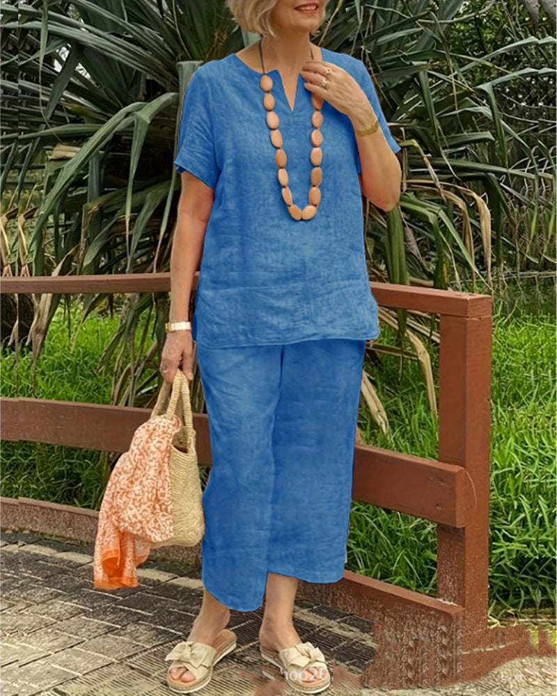 Short Sleeve Shirt Elastic Waist Cropped Pants Two-Piece Sets