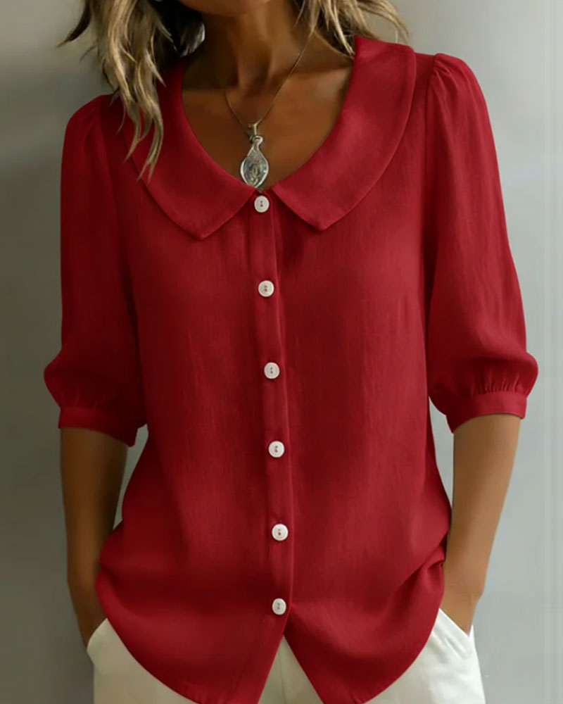 Cotton Mid-Sleeve Peter Pan Collar Shirt
