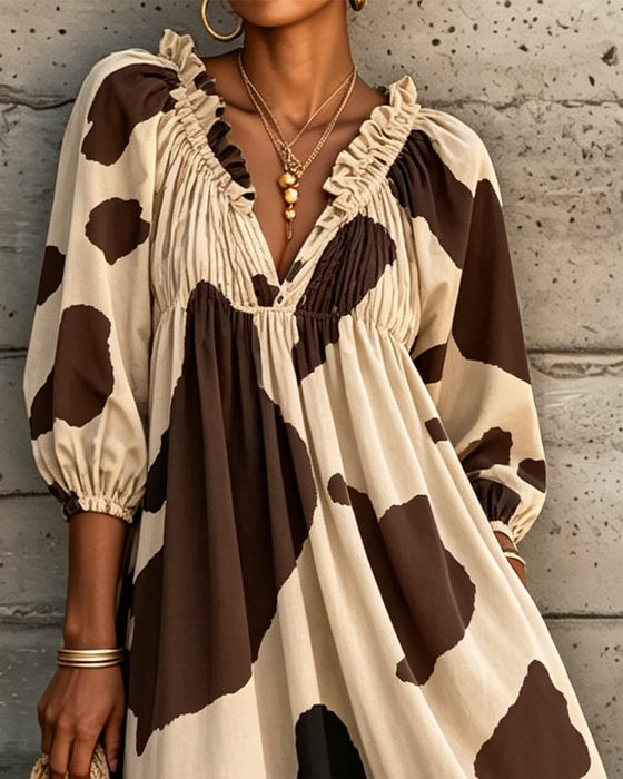 Shirred V-Neck Ruffle Dress