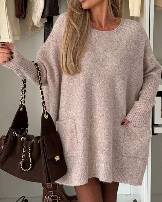 Round Neck Pullover Pocket Loose Pullover