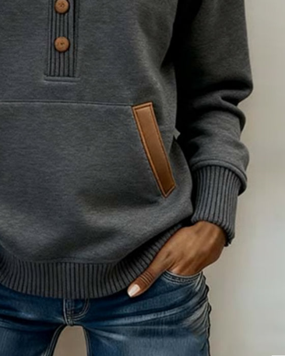 Color-Blocked Button-Down Collar Stylish Hooded Sweatshirt