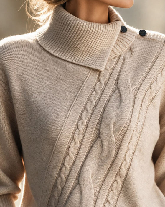 Diagonal Cable Turtleneck Button-Down Pullover