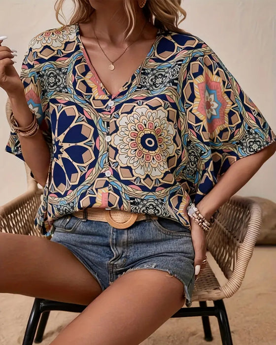 Retro printed V-neck button half sleeve blouse