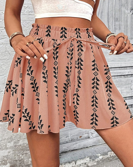 Print Drawstring Loose Fit Flare Short