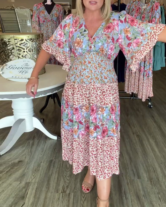 V-Neck Lotus Sleeve Floral Dress