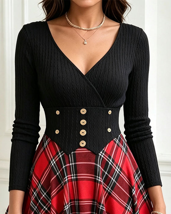 V-Neck Cross Plaid Dress