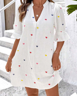 Colorful Heart Print V-Neck Dress
