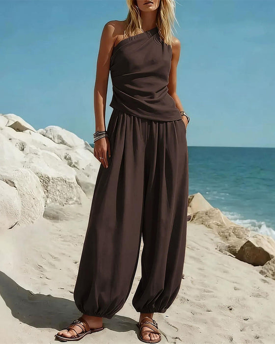One-Shoulder Tank Top High Waist Pants Set