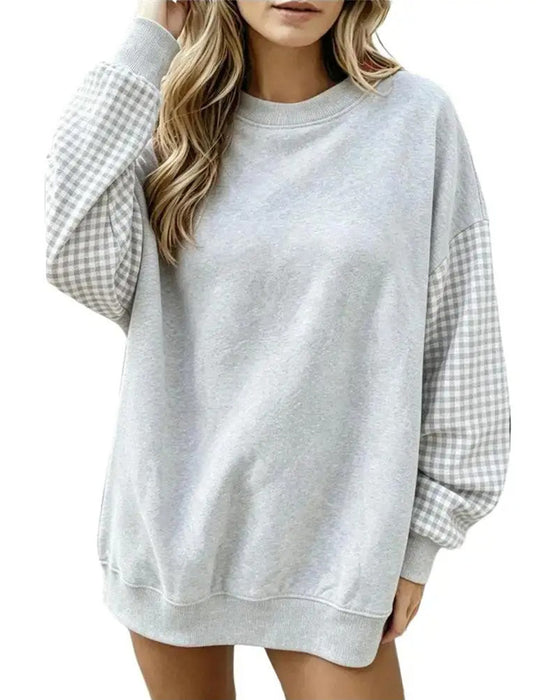 Crew Neck Plaid Patchwork Solid Sweatshirt