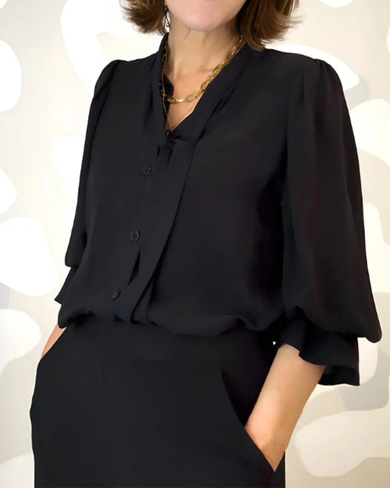 V-Neck Ruffle Tie Flared Sleeve Blouse