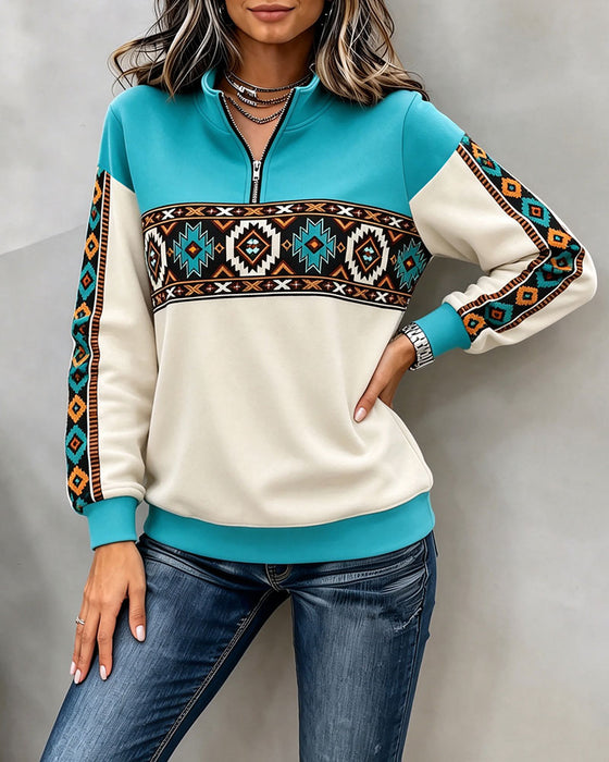Ethnic Geometric Print Half-Zip Mandarin Collar Hoodie