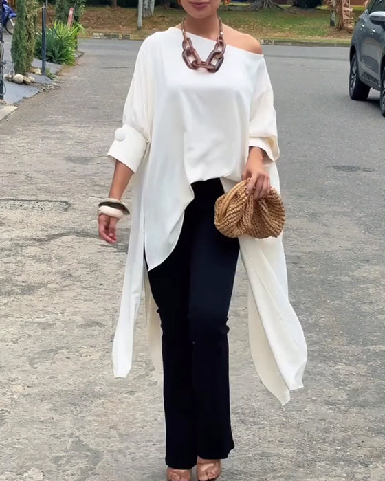 Asymmetric Neck Irregular Slit Elbow-Length Sleeve Blouse