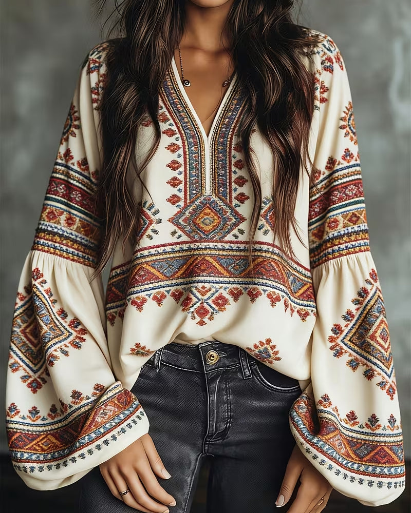 Ethnic Geometric Print Lantern Sleeve Blouse