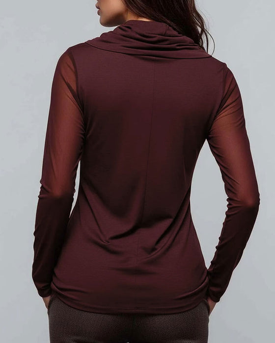 Mock Neck Solid Casual Blouse
