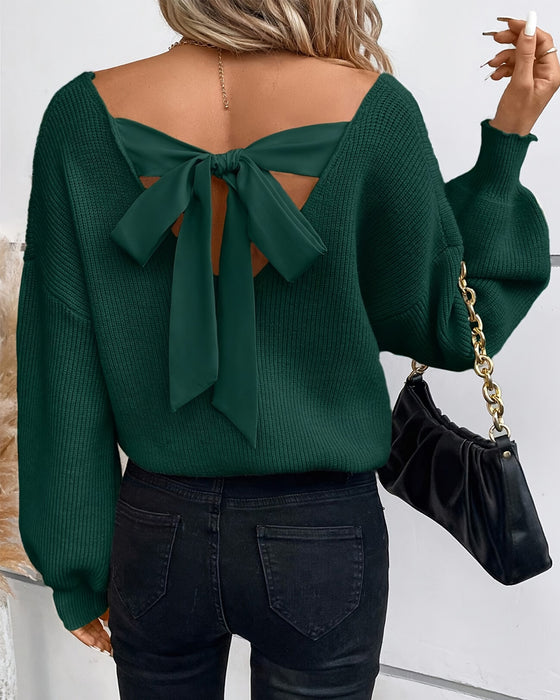 Backless Bow V-Neck Pullover