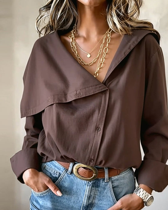 Deep V Asymmetric Button Lapel Blouse