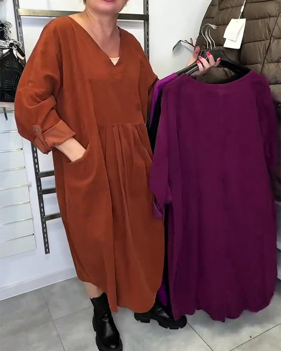 V-Neck Loose-Fitting Accordion Pleated Dress