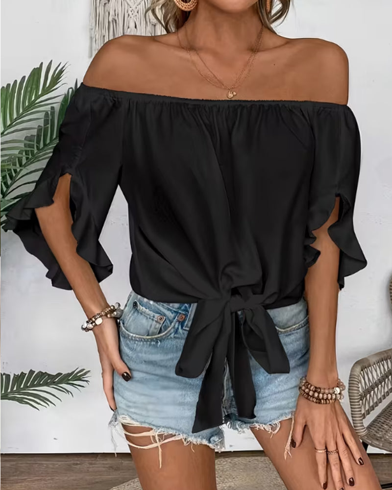 Off-Shoulder Bow Flare Sleeve Blouse